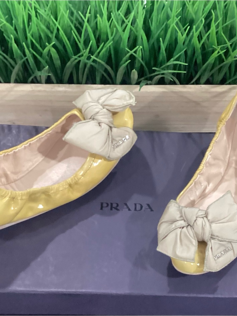 Prada Yellow Leather Ballet Flats with Cream Bow - Picture 7 of 9